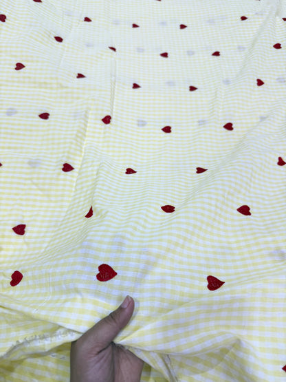Buy Cotton Gingham Yellow Check Red Heart Embroidery Fabric