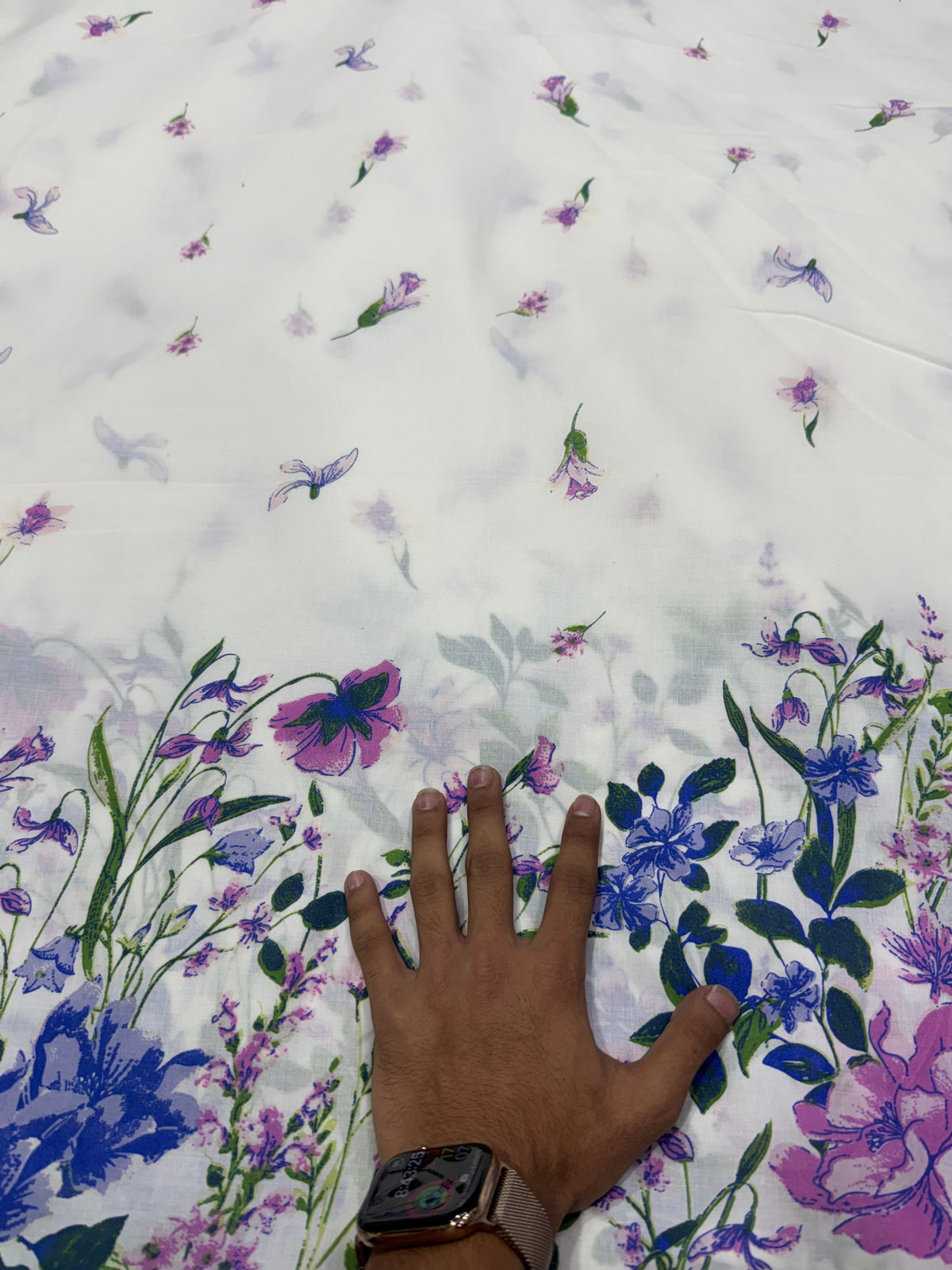 Buy Cotton Poplin White Purple Wildflower Border Print Fabric