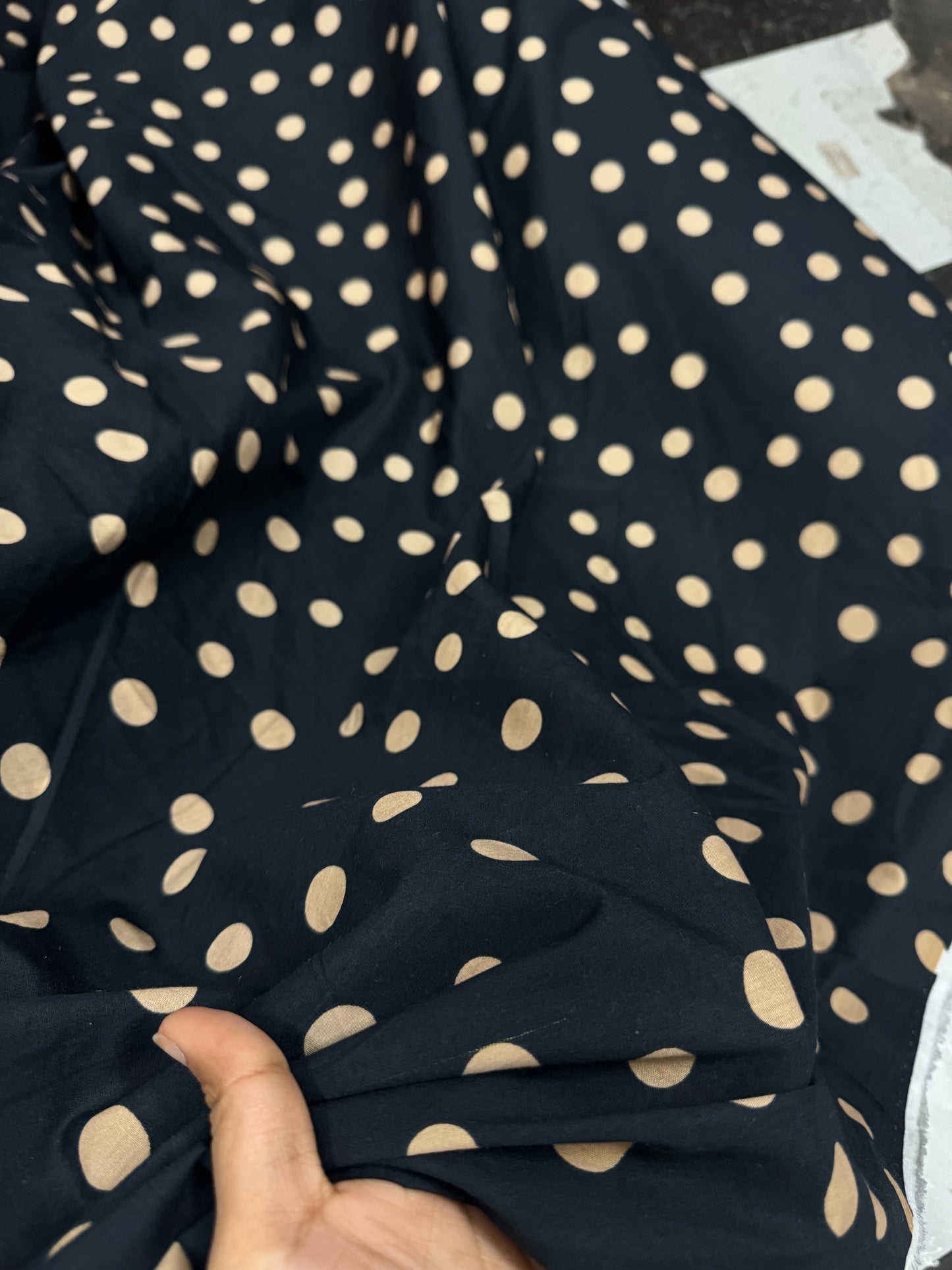 Buy Cotton Poplin Black Base Ivory Polka Printed Fabric