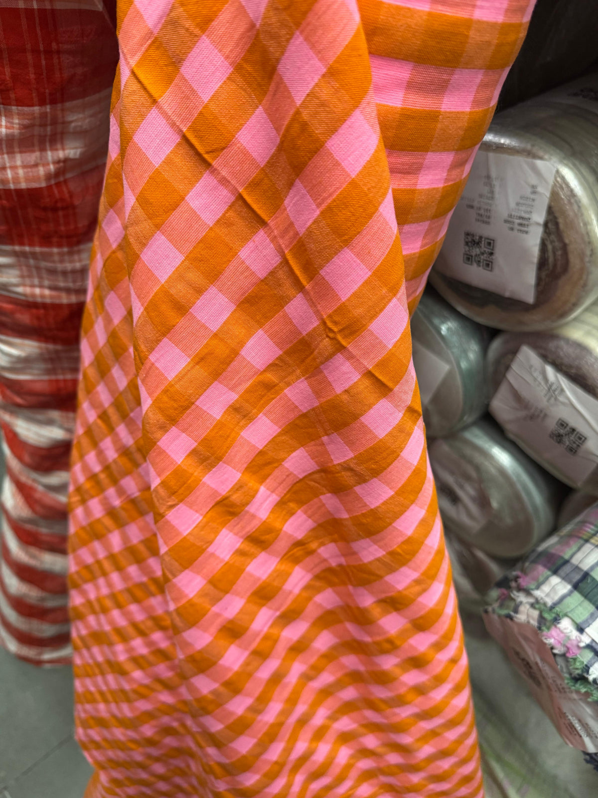 Premium Seersucker Spanish Orange Check Fabric - MAF 