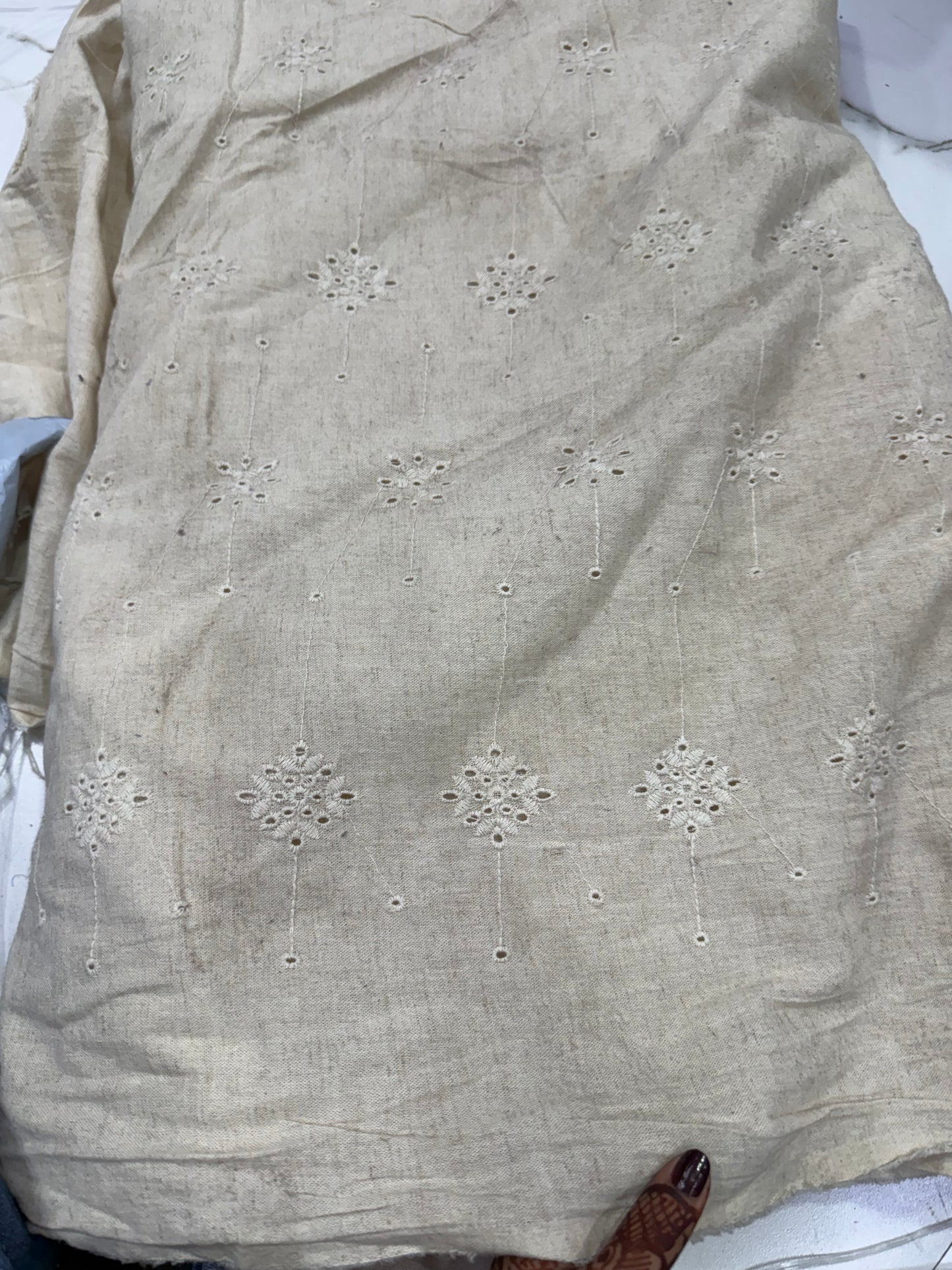 Buy Pure Linen Beige Hakoba Cutwork Fabric