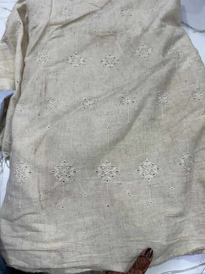 Buy Pure Linen Beige Hakoba Cutwork Fabric