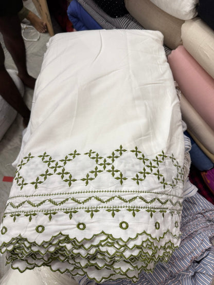 Buy Viscose Modal White Green Geometric Border Fabric