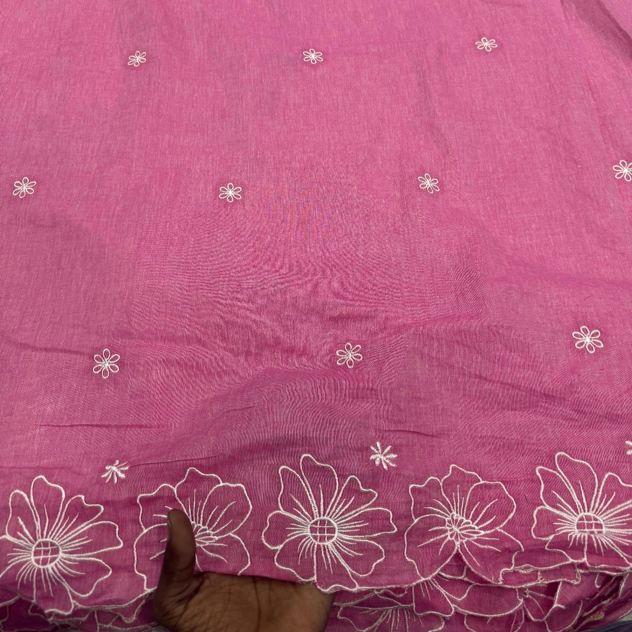 Buy Oxford Chambray Pink Border Embroidery Fabric