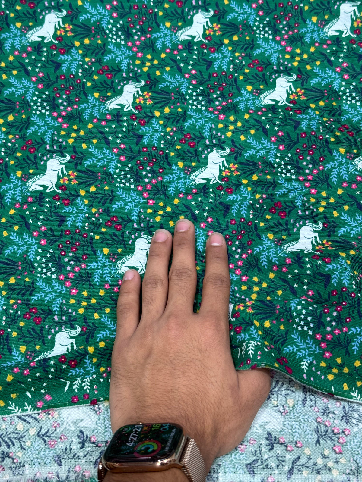 Buy Premium Corduroy Dark Green White Horse Floral Print Fabric