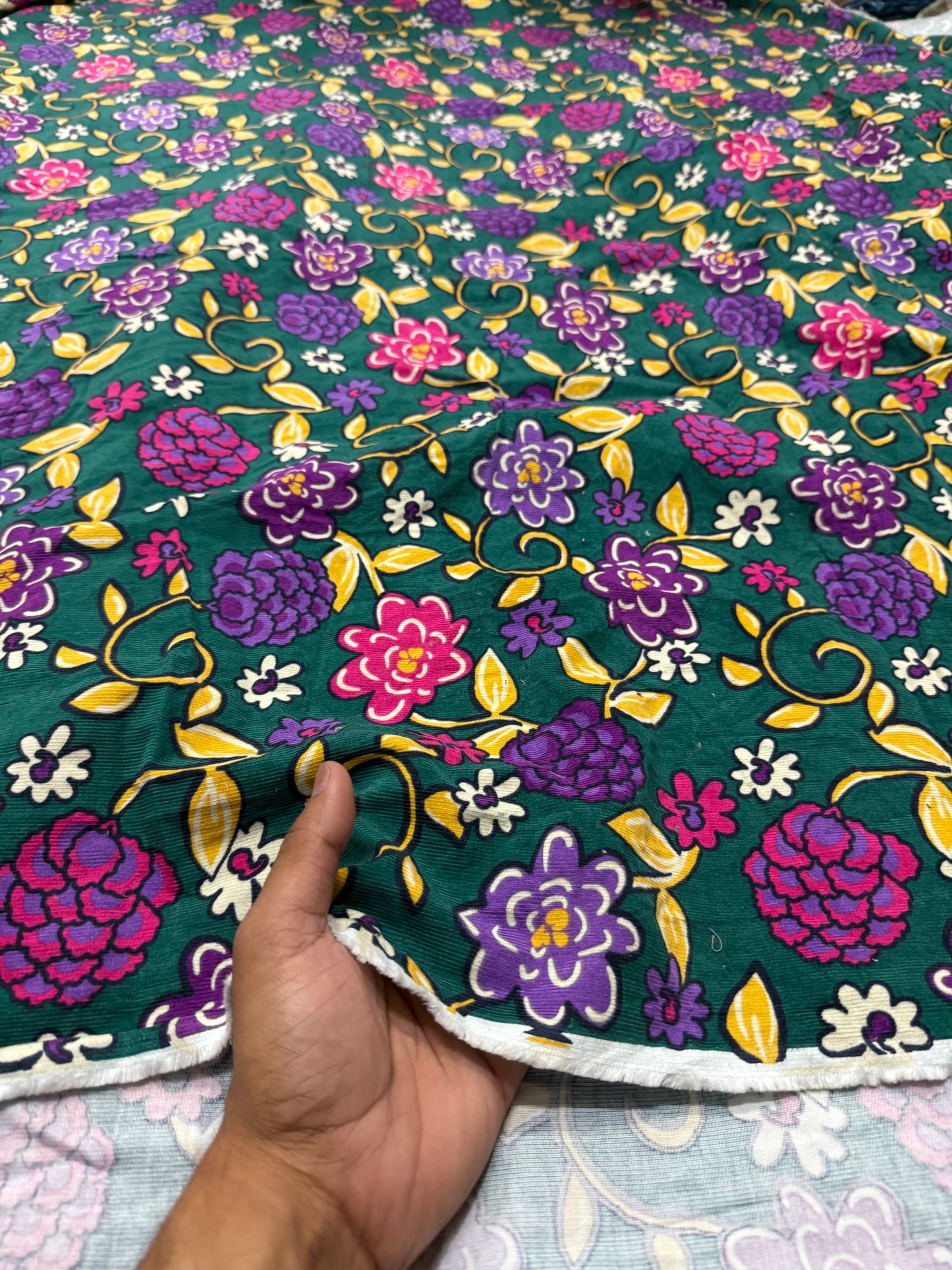 Buy Corduroy Green Base Floral Printed Fabric