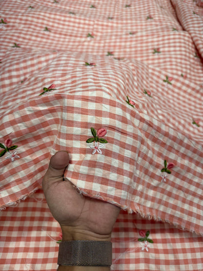 Buy Premium Seersucker Rust Pink Gingham Floral Embroidery Fabric