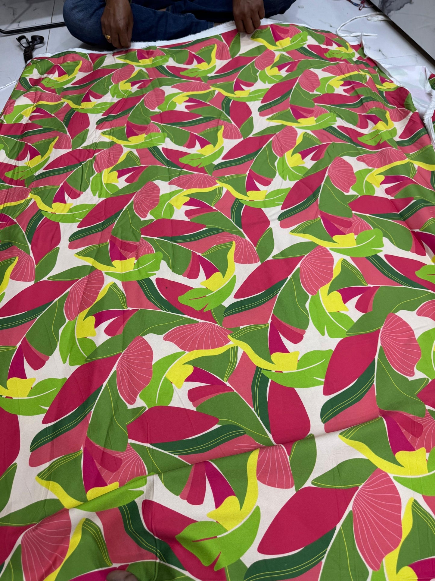 Buy Cotton Satin Lycra Banana Abstract Leaf Printed Fabric