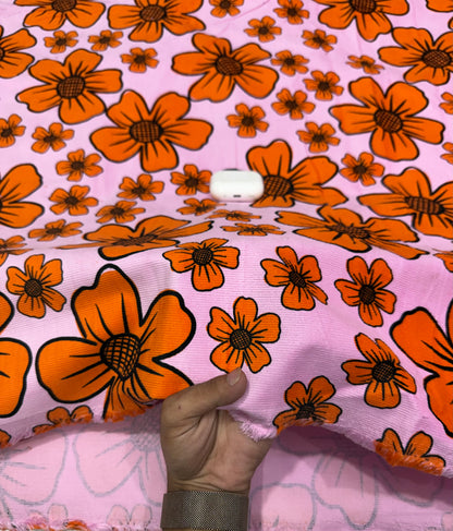 Buy Premium Corduroy Pink Orange Daisy Floral Print Fabric