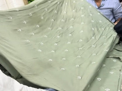 Buy Mul Cotton Viscose Sage Green White Paisley Embroidery Fabric