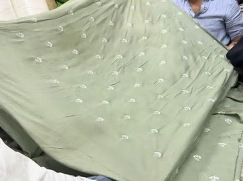 Buy Mul Cotton Viscose Sage Green White Paisley Embroidery Fabric