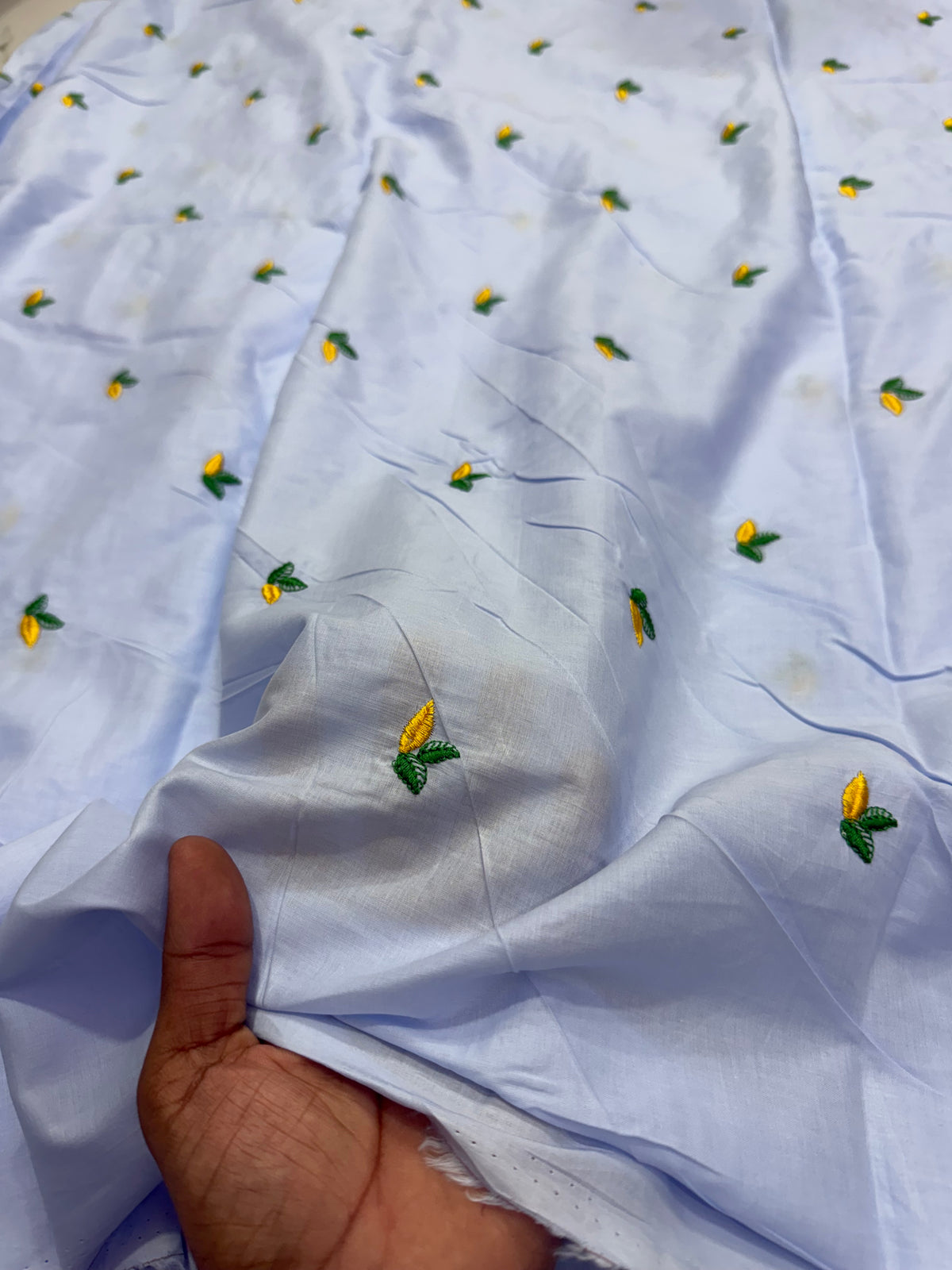 Buy Cotton Poplin Light Blue Base Lemon Embroidery
