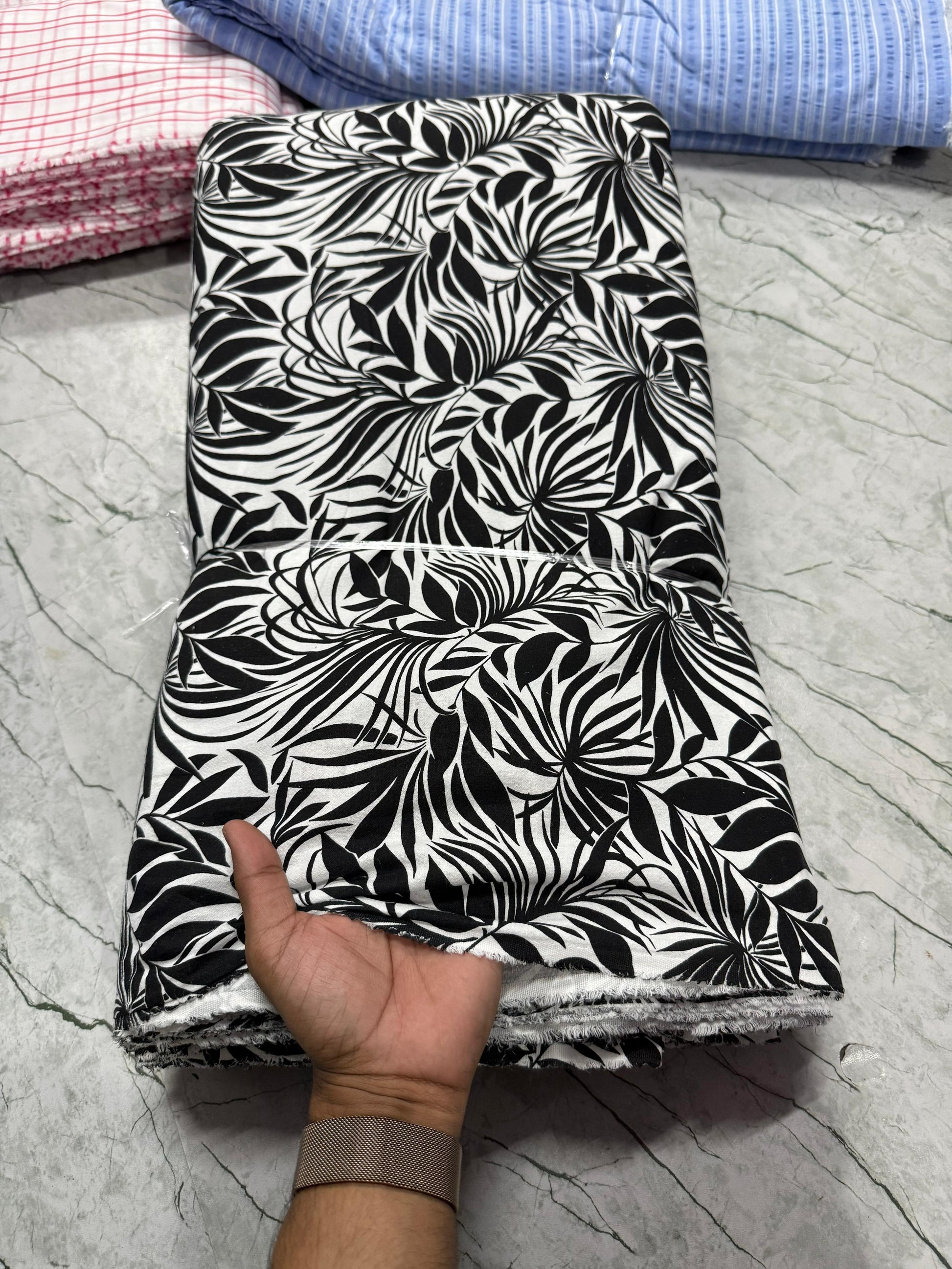 Buy Crimp Cotton Black Leaf Printed Fabric - MAF 