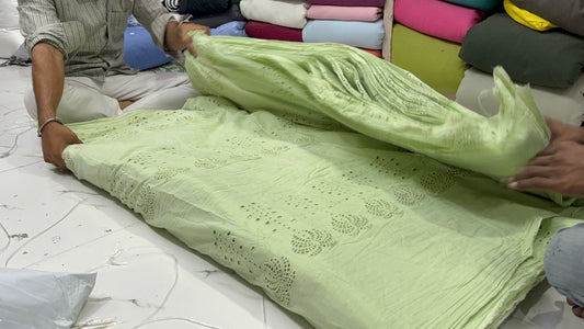 Buy Premium Cotton Hakoba Pista Green Coconut Tree Cutwork Fabric