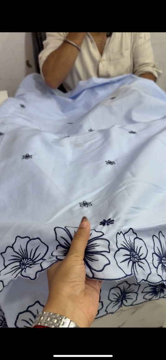 Buy Cotton Poplin Light Blue Base Dark Blue Border Embroidery