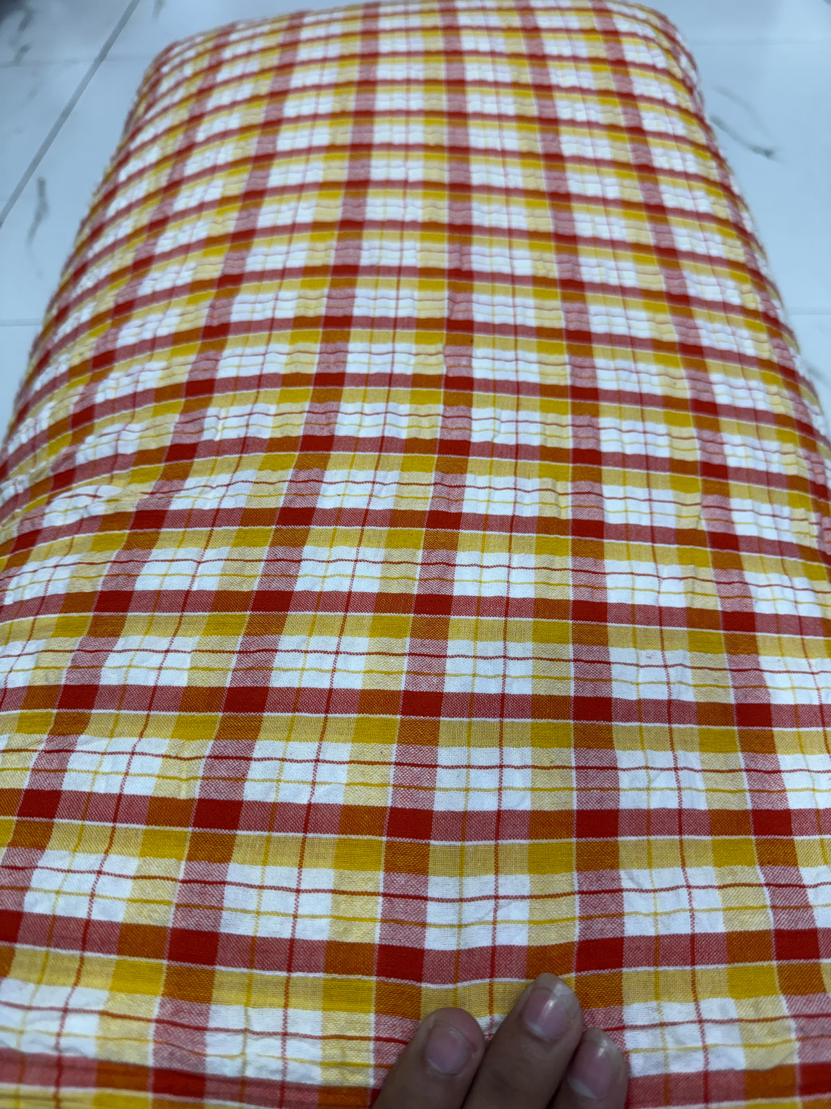 Buy Premium Cotton Seersucker Marigold Check Fabric