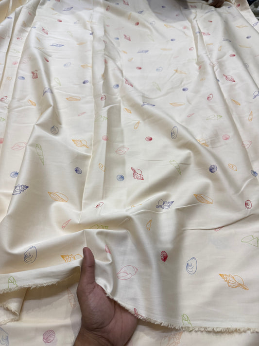 Buy Cotton Poplin Satin Ivory Base Beach Shell Printed Fabric