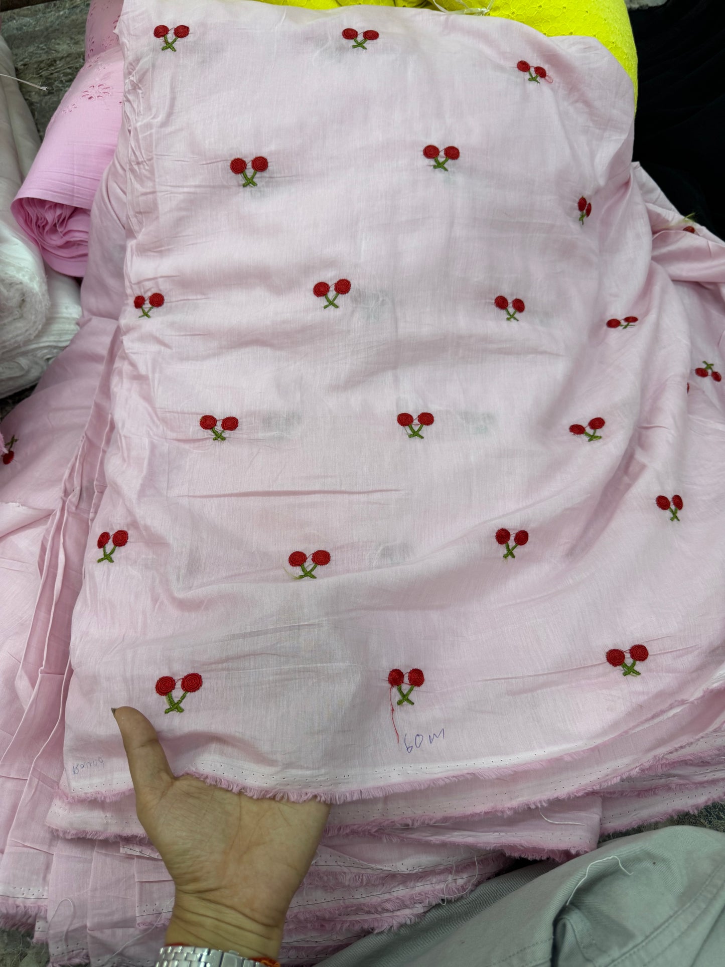 Buy Mul Cotton Baby Pink Cherry Embroidery Fabric