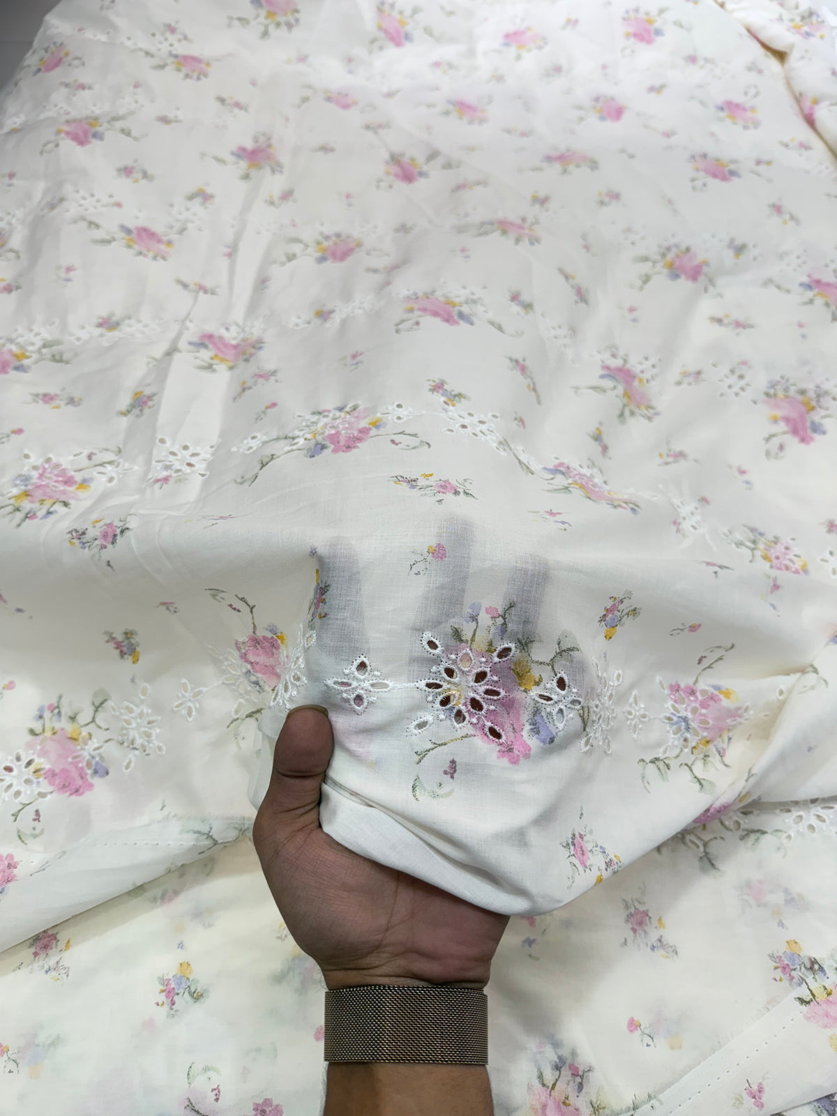 Buy Mul Cotton White Multicolor Floral Print Schiffli Embroidery Fabric