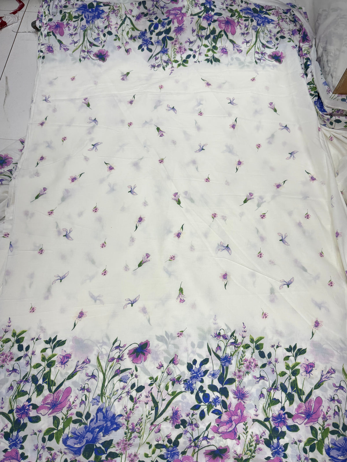 Buy Cotton Poplin White Purple Wildflower Border Print Fabric
