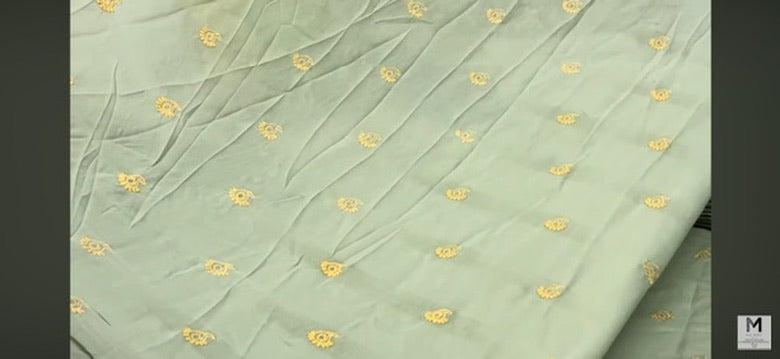 Buy Mul Cotton Viscose Sage Green Gold Paisley Embroidery Fabric