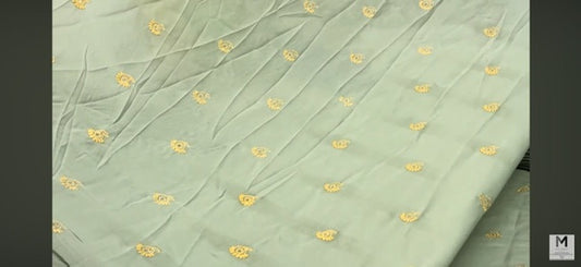Buy Mul Cotton Viscose Sage Green Gold Paisley Embroidery Fabric
