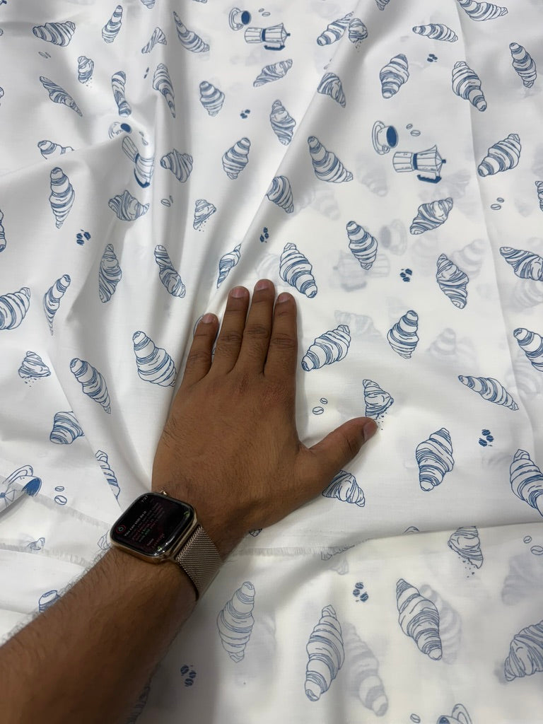 Buy Poplin Cotton White Base Indigo Croissant Printed Fabric