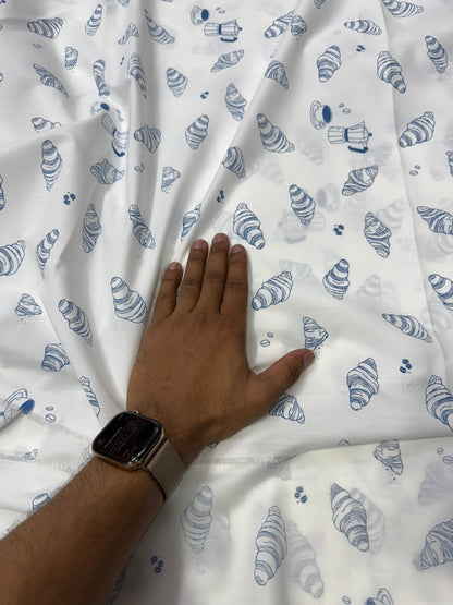 Buy Poplin Cotton White Base Indigo Croissant Printed Fabric