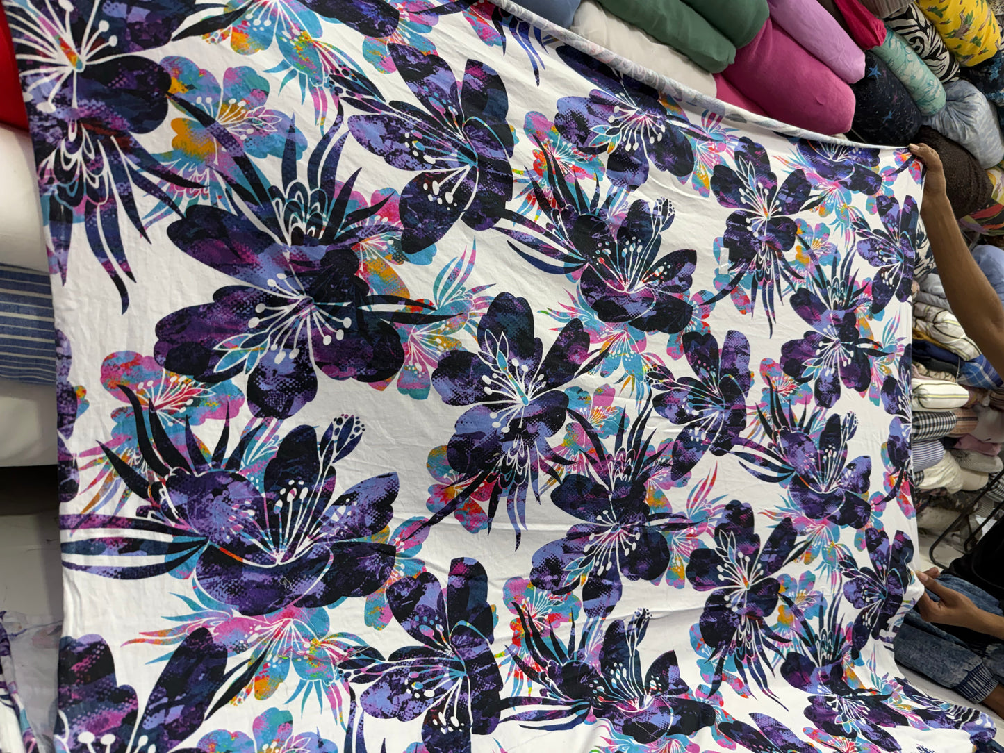 Buy Knitted Stretchable Fusion Purple Floral Printed Fabric
