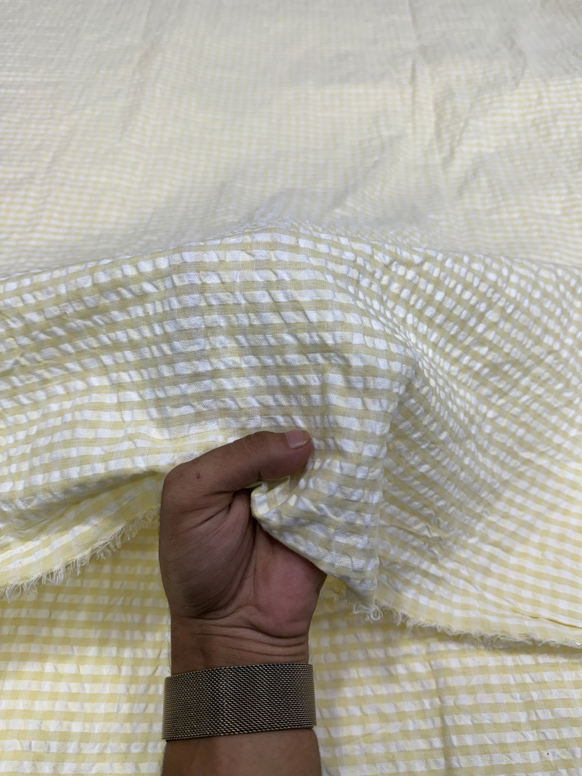 Buy Premium Seersucker Pale Yellow White Check Fabric