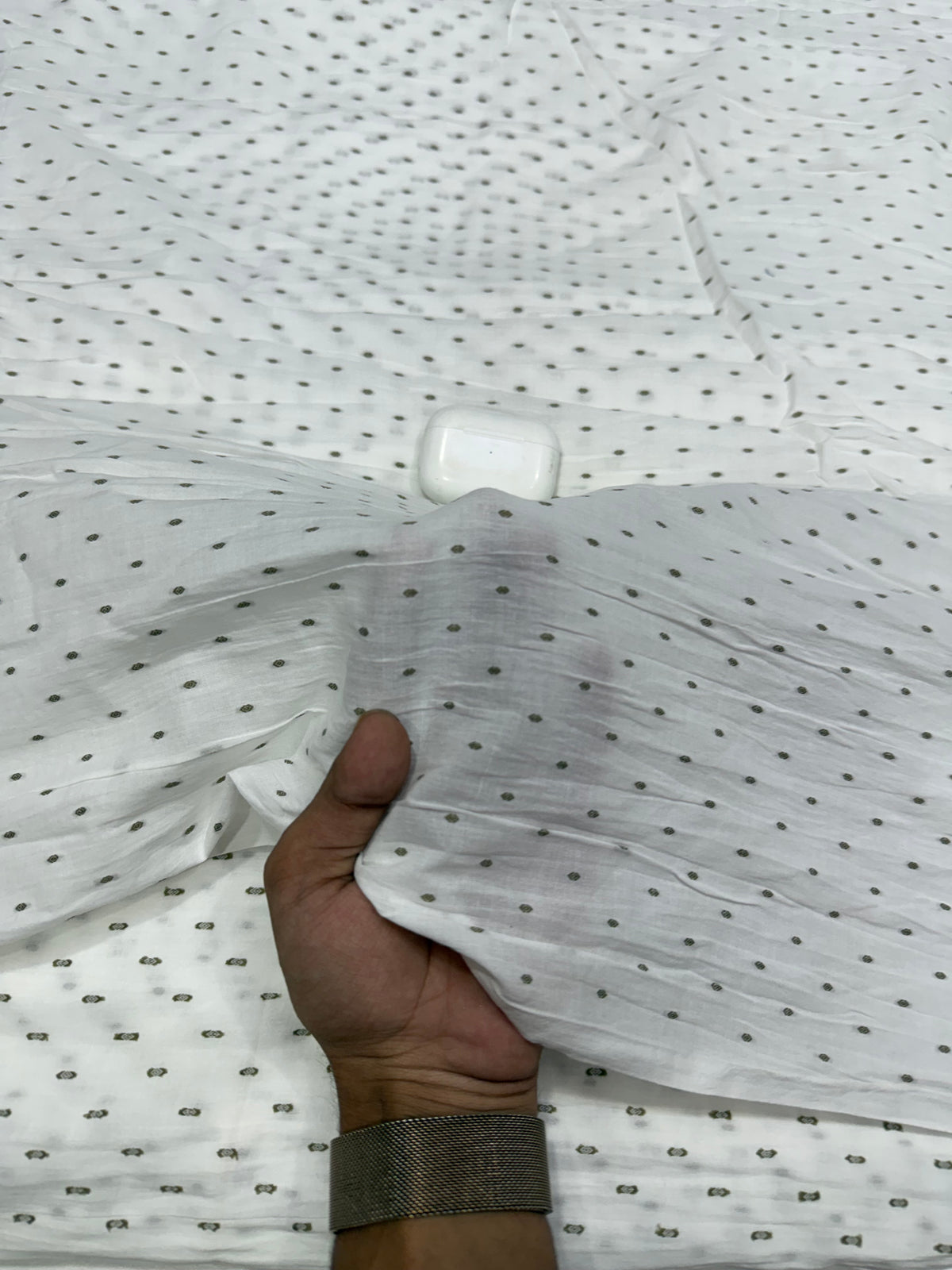 Buy Cambric White Green Buta Dot Print Fabric