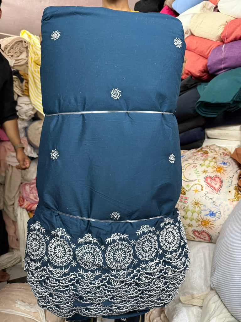 Buy Cotton Poplin Blue Base White Border Embroidery With Flower Work