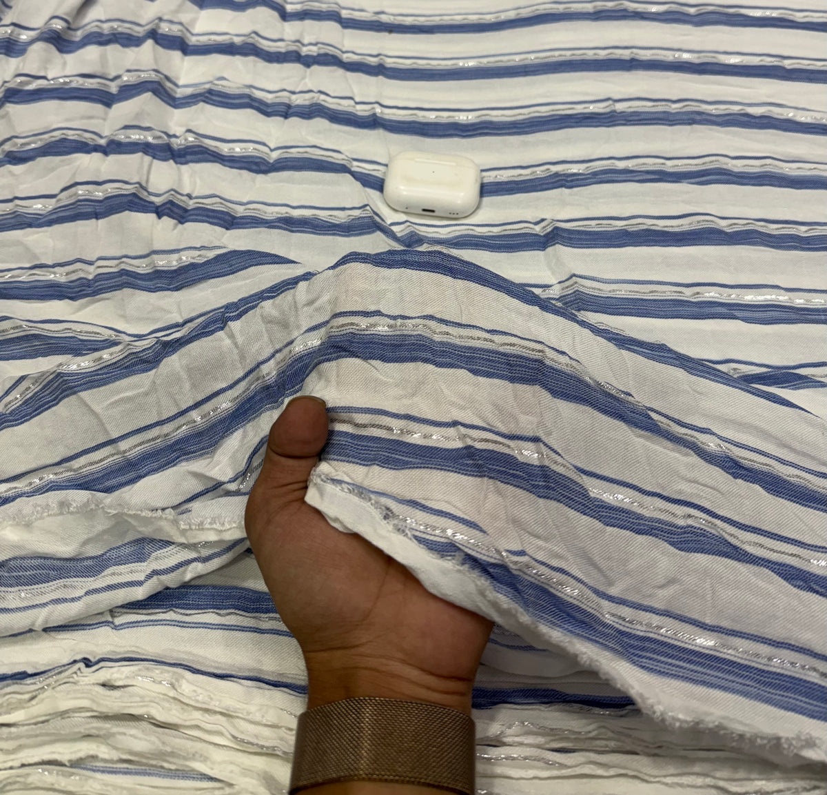 Buy Cotton Lurex White Blue Silver Stripe Fabric