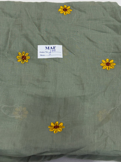 Buy Cutpiece Mul Cotton Viscose Sage Green Daisy Embroidery 1 Meter