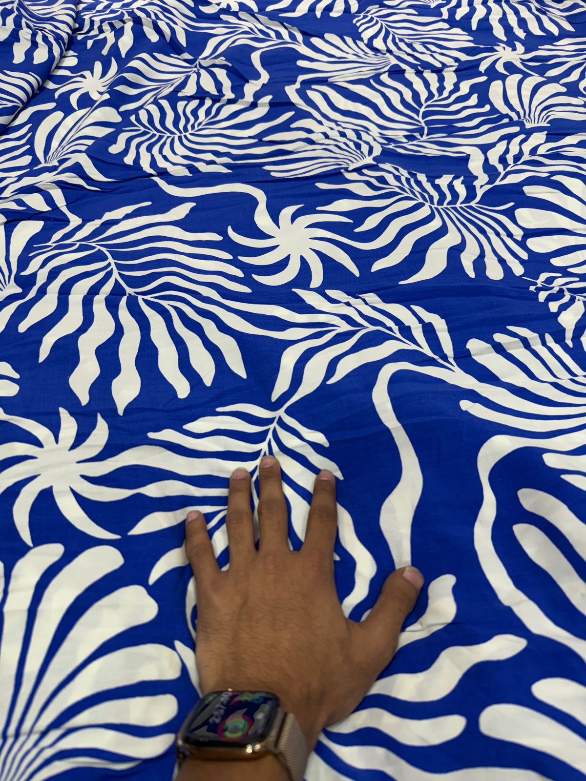 Buy Viscose Rayon Royal Blue White Fern Leaf Print Fabric