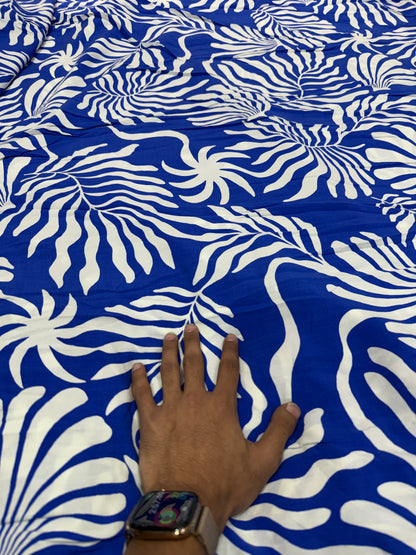 Buy Viscose Rayon Royal Blue White Fern Leaf Print Fabric