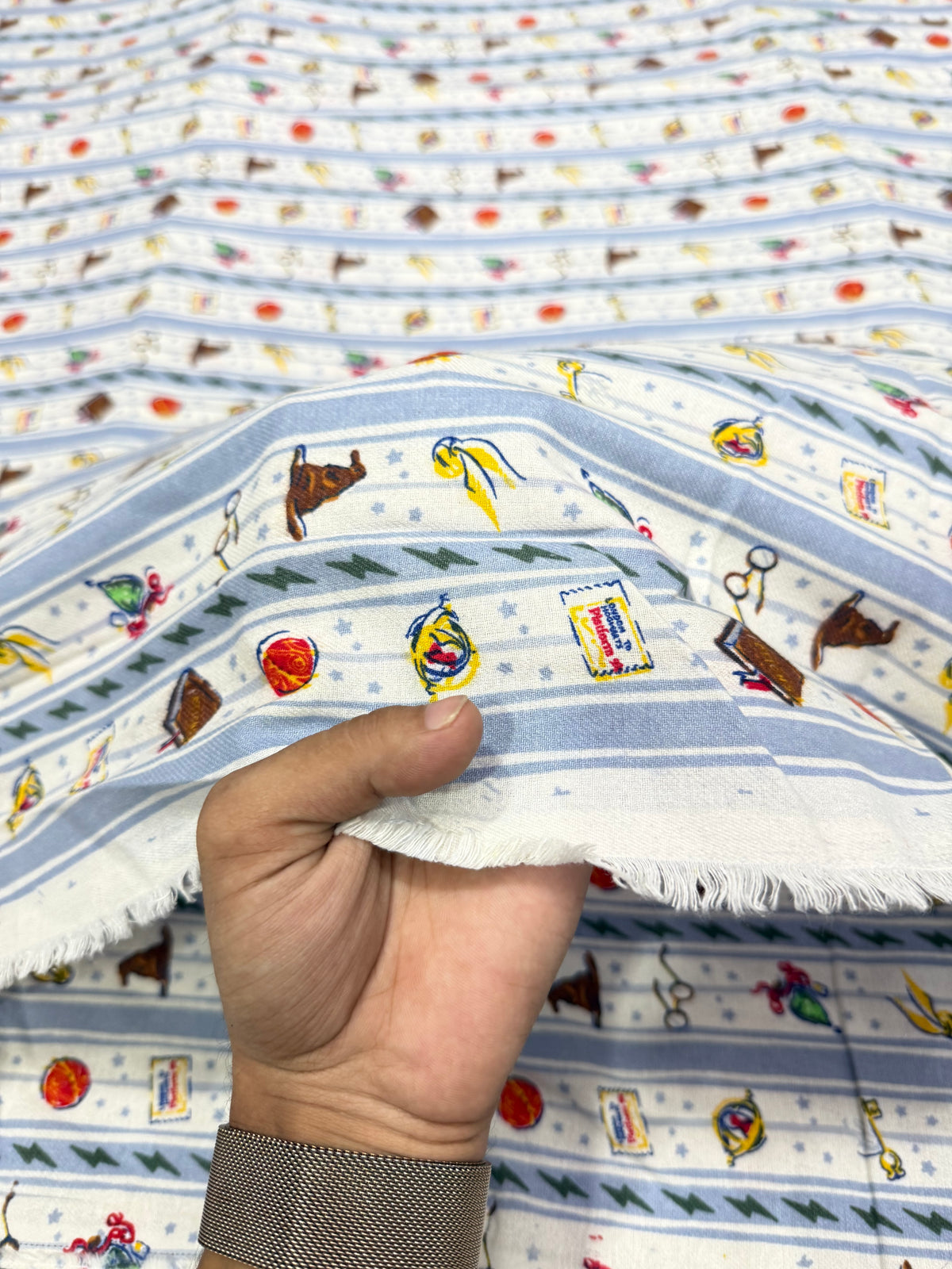 Buy Premium Cotton Flannel Blue Stripe Multicolor Novelty Icon Print Fabric