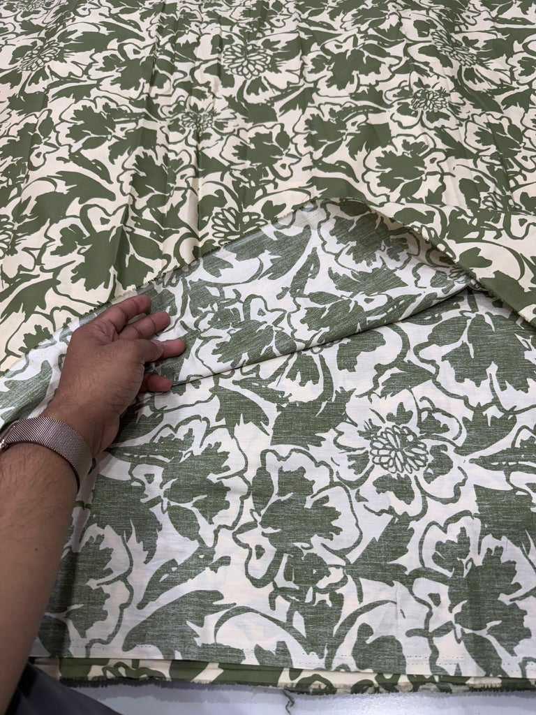 Buy Cotton Poplin Light Green Base Olive Green Line Art Flower Printed Fabric