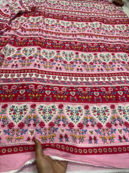 Buy Mul Cotton Pink Base Heart Panel Printed Fabric