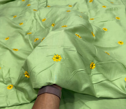 Buy Rayon Viscose Apple Green Daisy Embroidery Fabric