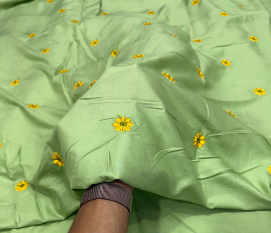 Buy Rayon Viscose Apple Green Daisy Embroidery Fabric