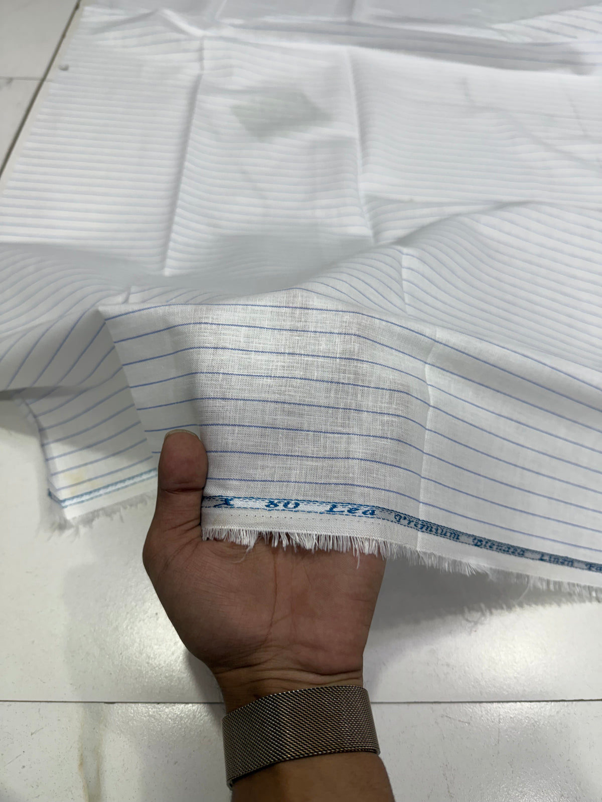 Buy 80 Lea Premium Linen White Blue Stripe Fabric