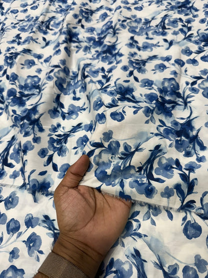 Buy Cotton Poplin Watercolour Indigo Full Floral Printed Fabric
