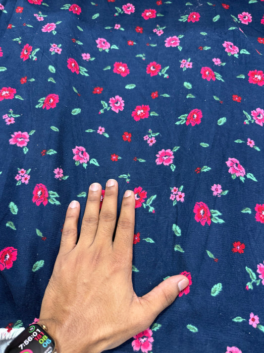 Buy Printed Corduroy Blue Base Red Floral Printed Fabric