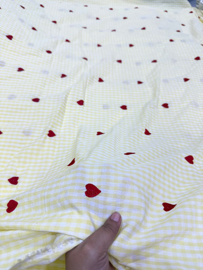 Buy Cotton Gingham Yellow Check Red Heart Embroidery Fabric
