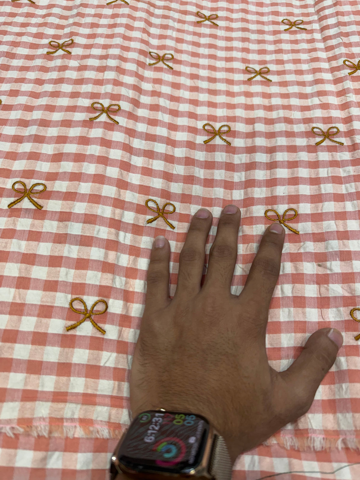 Buy Premium Seersucker Rust Pink Gingham Bow Embroidery Fabric