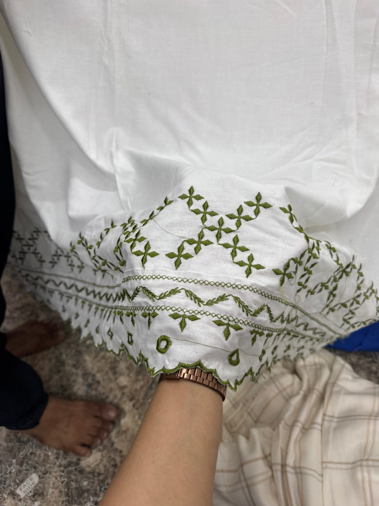 Buy Viscose Modal White Green Geometric Border Fabric