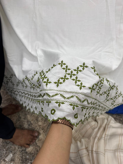 Buy Viscose Modal White Green Geometric Border Fabric