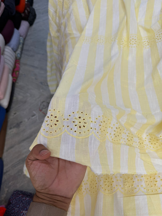Buy Pure Cotton Linen Yellow and White Stripes Embroidery Fabric with Big Width