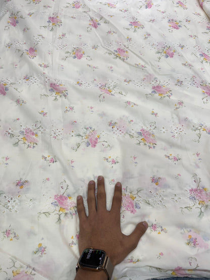 Buy Mul Cotton White Multicolor Floral Print Schiffli Embroidery Fabric